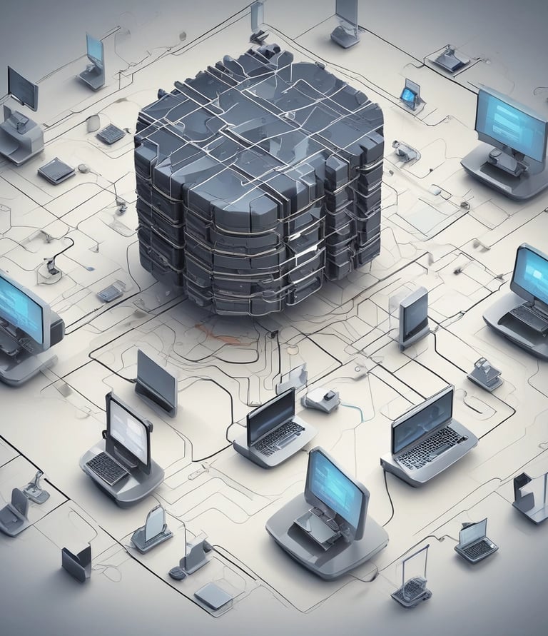 A sign for 'Shallom Komputer' is displayed prominently on the facade of a building, surrounded by lush green trees. The sign offers information about services related to hardware, software, networking, and accessories. The building features several rectangular windows and air conditioning units.