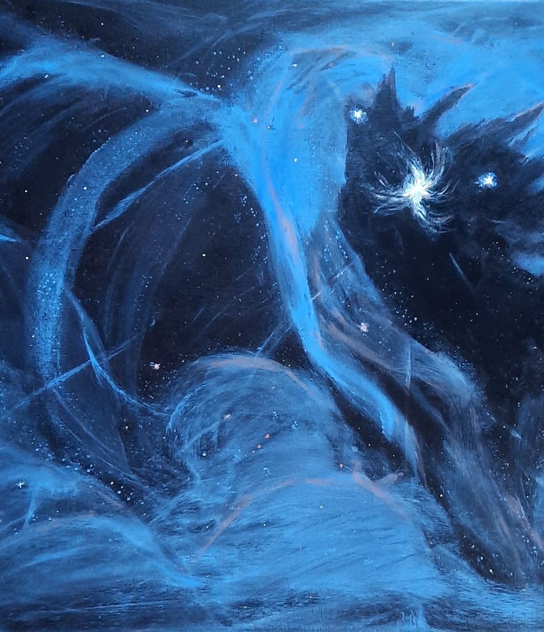 This is an original signed painting depicting a star formationhe heart of a nebula with the formation of a new sunlike star