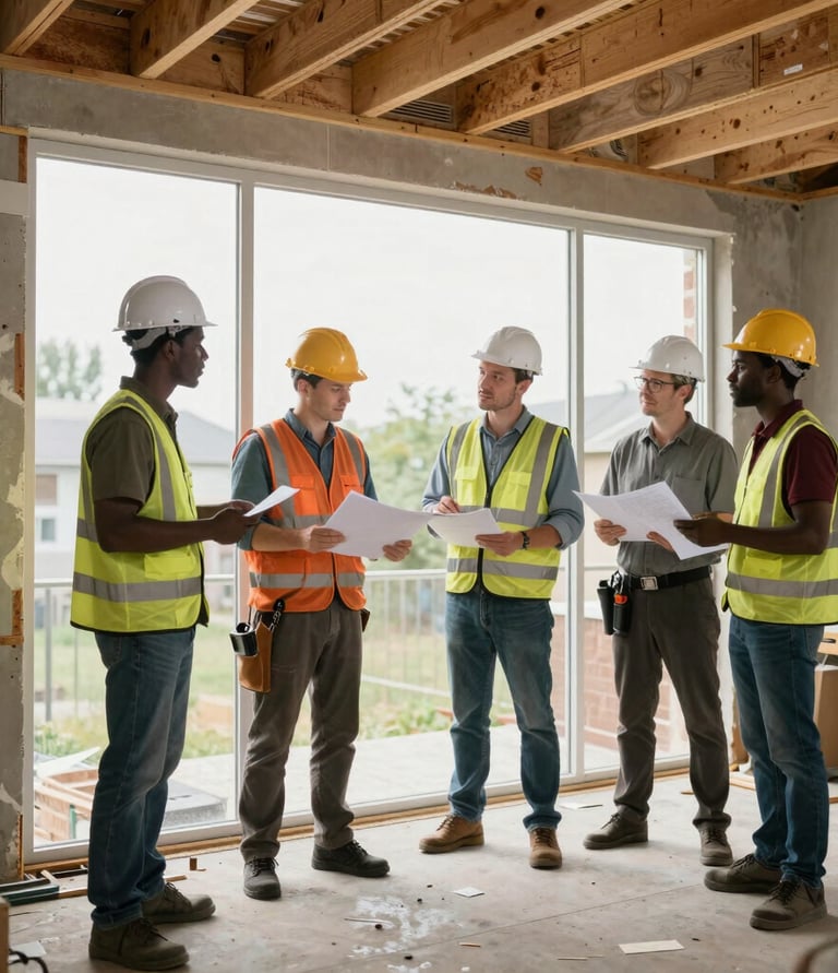 Team of Luznova professionals discussing a smart home automation project with digital tablets.