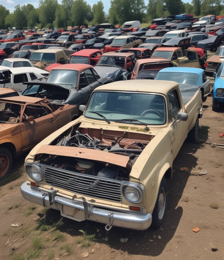 A rugged yet organized auto salvage yard with rows of used car parts neatly arranged under a clear blue sky.