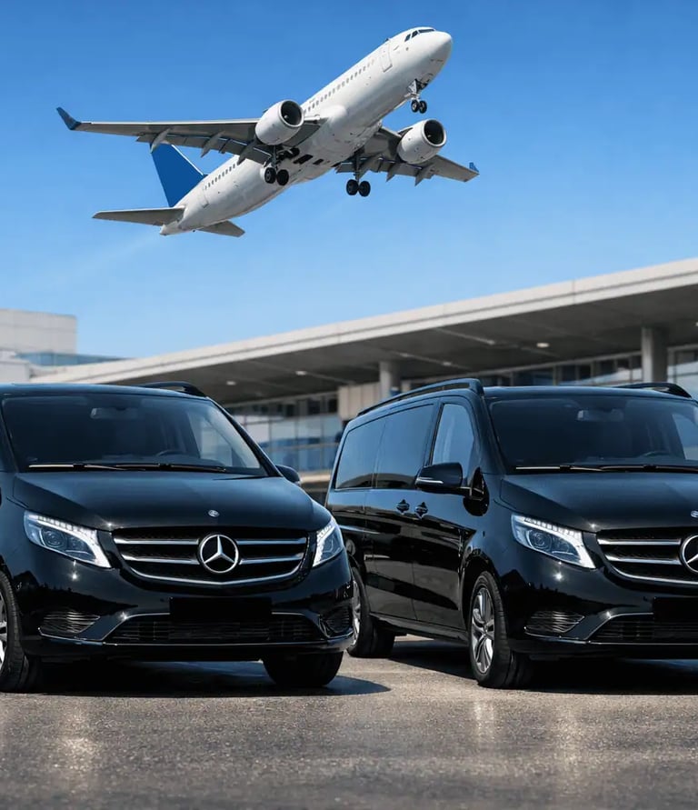 Mercedes-Benz Vito W447 VIP transfer at Athens International Airport with airplane takeoff background