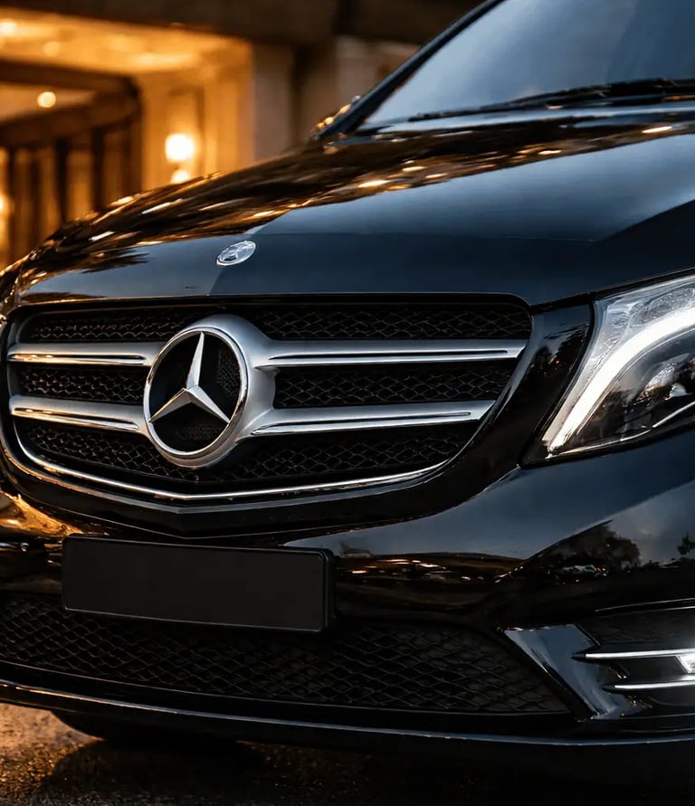 Front view of a premium black Mercedes-Benz Vito parked at a luxury hotel entrance in Athens