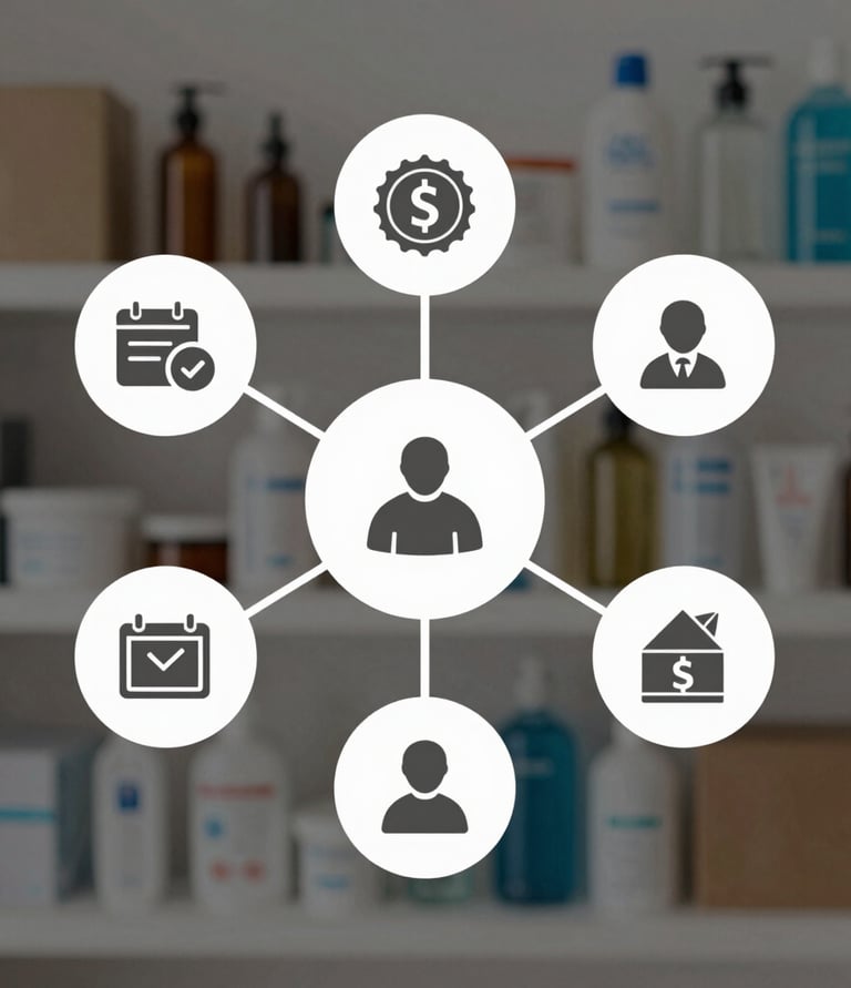 Customer satisfaction icon with hand and pencil over a blurred pharmacy retail shelf background.