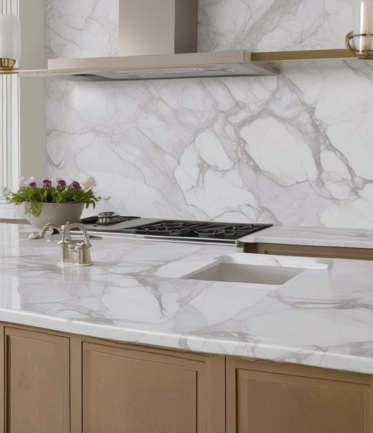 A skilled technician carefully polishing a marble countertop in a bright kitchen.
