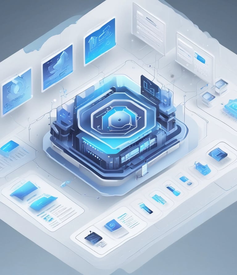 Close-up of a developer coding on a sleek laptop with futuristic digital interface overlays.