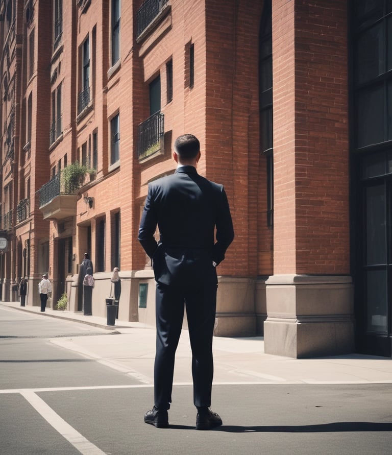 Discreet personal security professional standing confidently outside a high-end London venue at dusk.