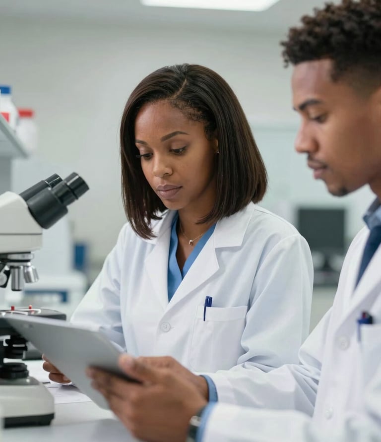 Black doctors engaging with Black patients, explaining medical research and care options in a warm clinic setting.