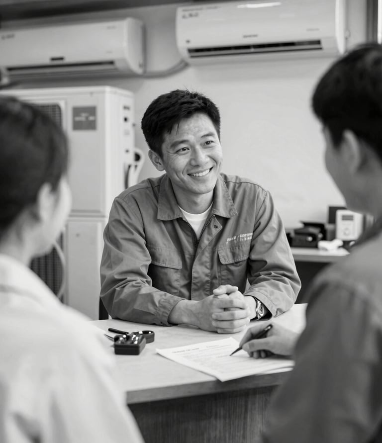 Smiling customer shaking hands with a CoolTrust Aircon technician after a service.