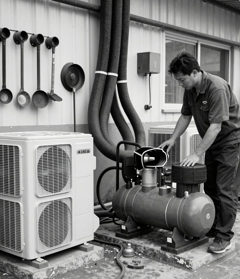 Technician carefully inspecting an air conditioning unit in a modern office setting.