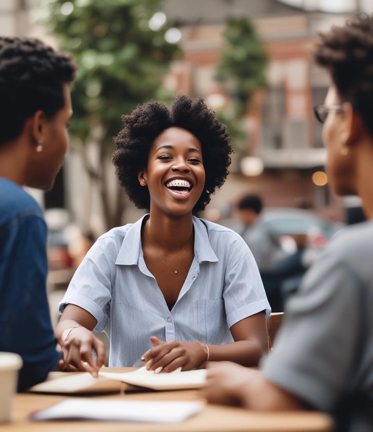 A warm, inviting coaching session with a smiling woman confidently speaking French in a cozy Parisian café.