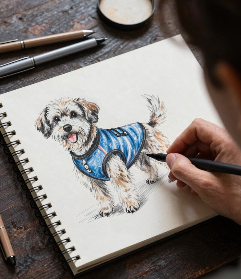  Boceto de colores realista de un perrito pequeño y peludo con un chaleco