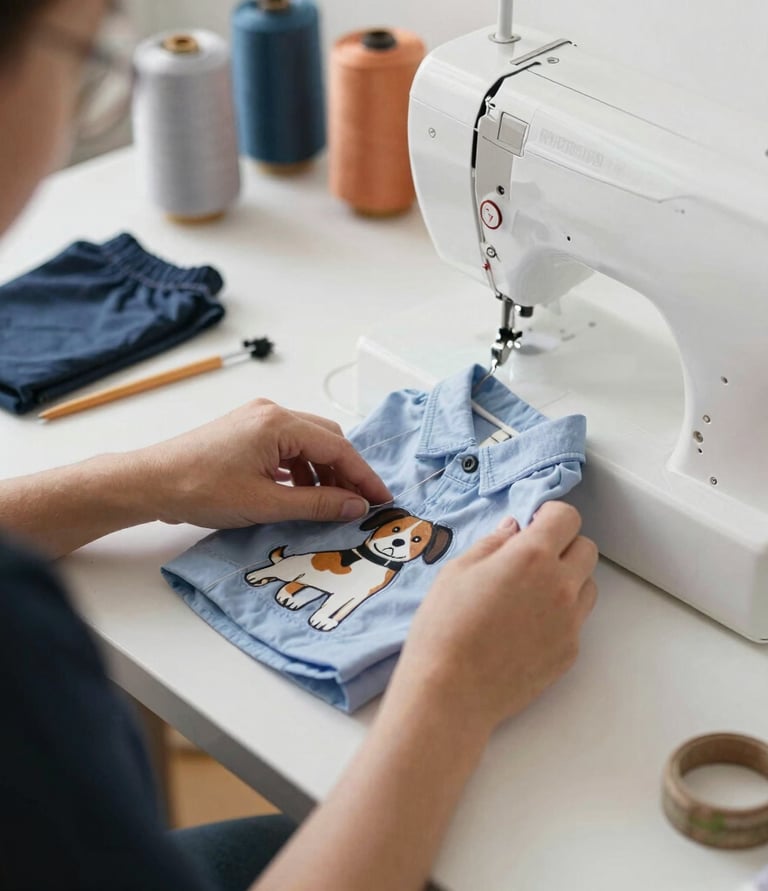 Una persona utiliza una máquina de coser blanca para coser un a camisa de perrito
