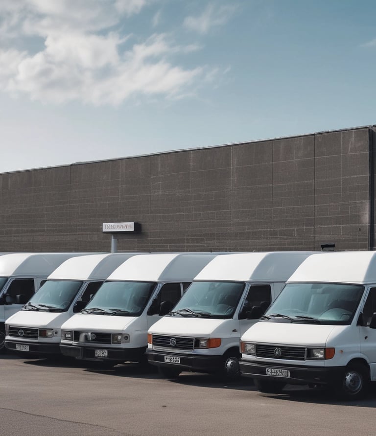 A modern delivery truck driving through a cityscape at dawn, symbolizing reliable transport services.