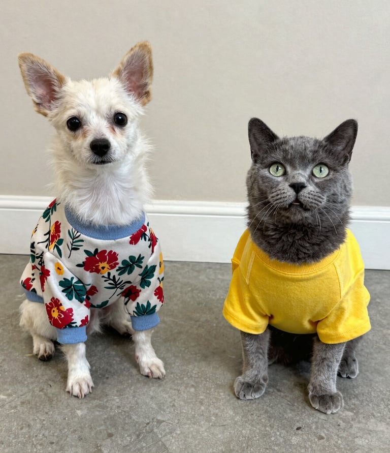 Pequeño perro blanco con un suéter floral sentado junto a un gato gris que lleva una camiseta