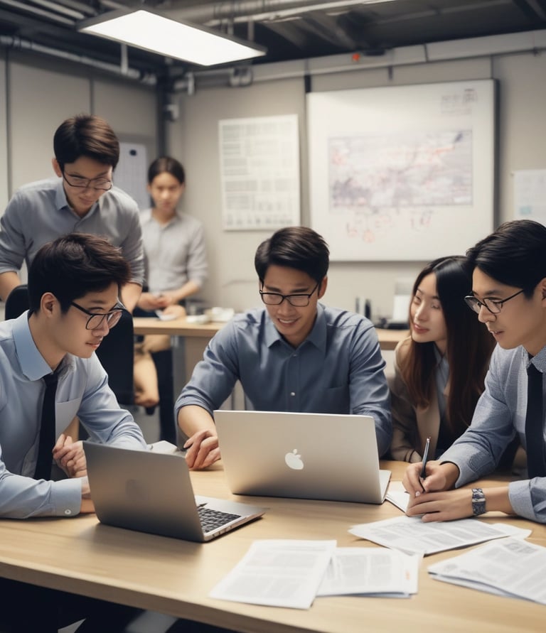A friendly team of developers brainstorming around a table with laptops and sketches.