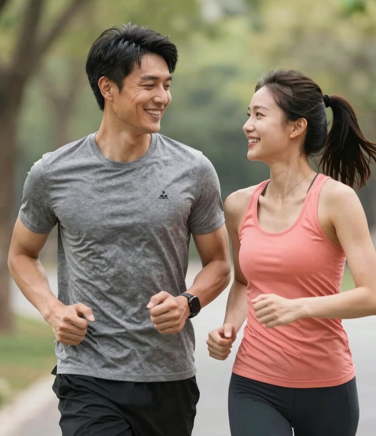 Um jovem casal asiático sorridente correndo juntos em um parque para exercícios ao ar livre e saúde 