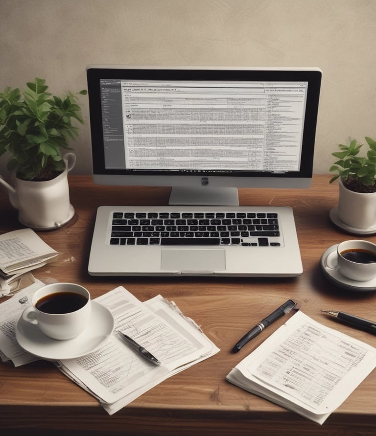 A cozy workspace with a laptop, financial charts, and a steaming cup of coffee on a wooden desk.