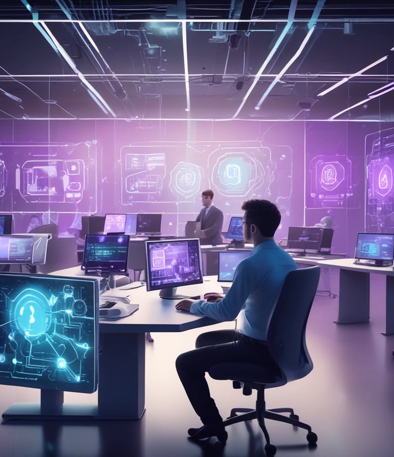 A friendly team collaborating around a laptop with AI and digital marketing visuals on screen.