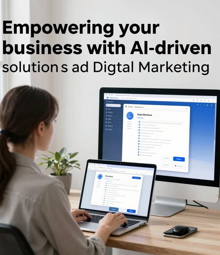 A team of professionals collaborating over AI technology and digital marketing strategies in a modern office.