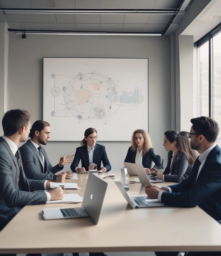 A diverse team collaborating around a laptop with AI code on screen in a modern office.