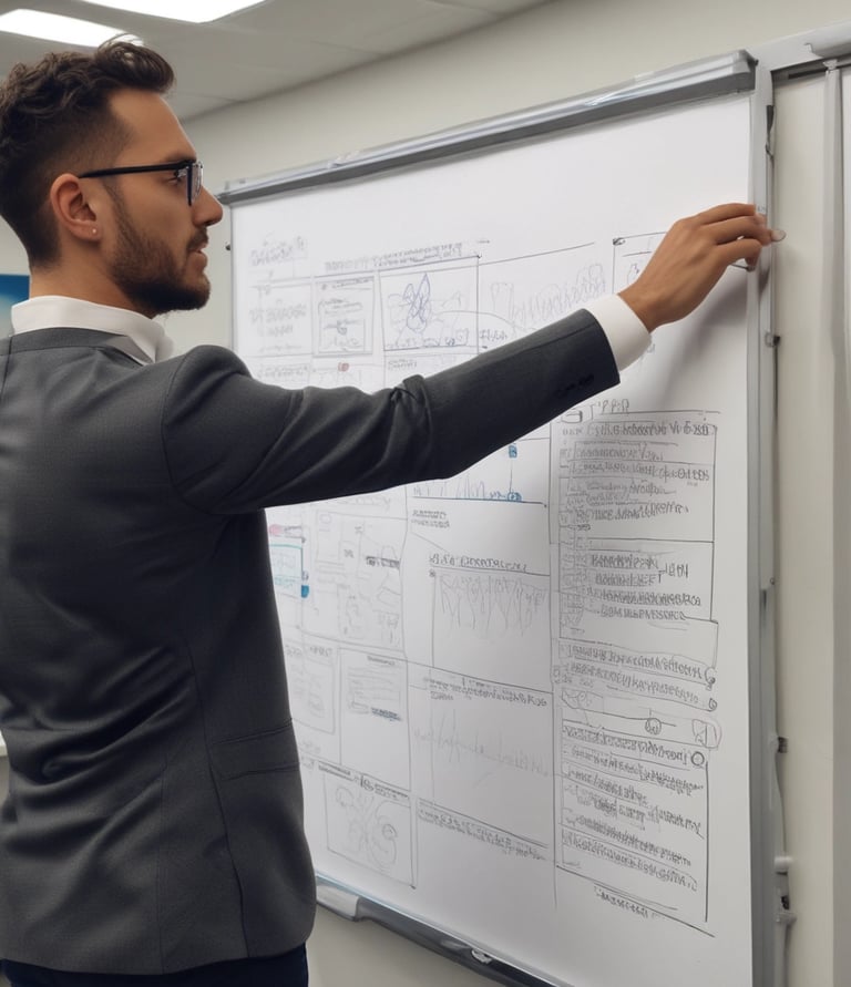 Close-up of hands sketching AI-driven automation workflows on a transparent board.