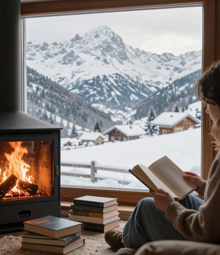 A cozy reading nook with shelves filled with eclectic books blending art and philosophy.