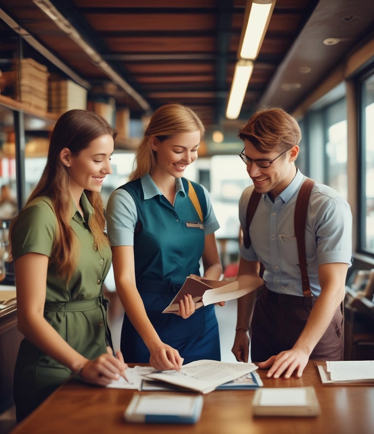 A serene image of travelers immersed in a local cultural experience, smiling and engaged.