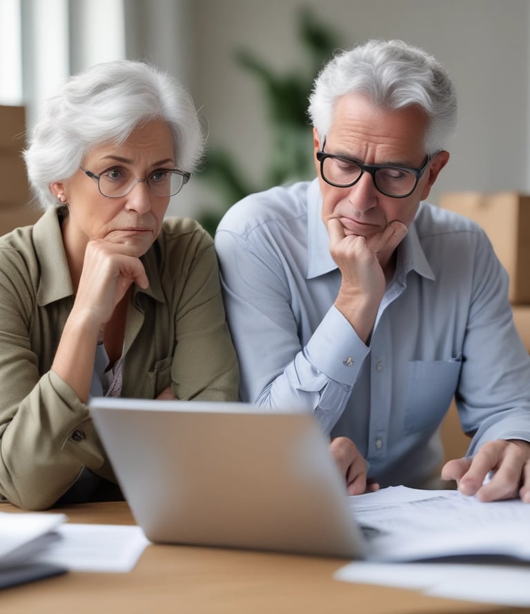 A joyful middle-aged couple reviewing a relocation checklist together in a sunny Florida living room.