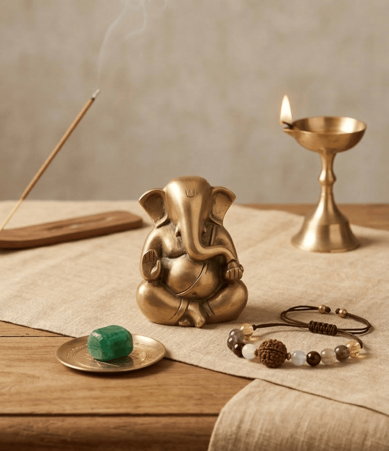 A peaceful brass Ganesha idol on a tan altar cloth, lit by a warm diya with a spiritual gemstone and beaded bracelet.