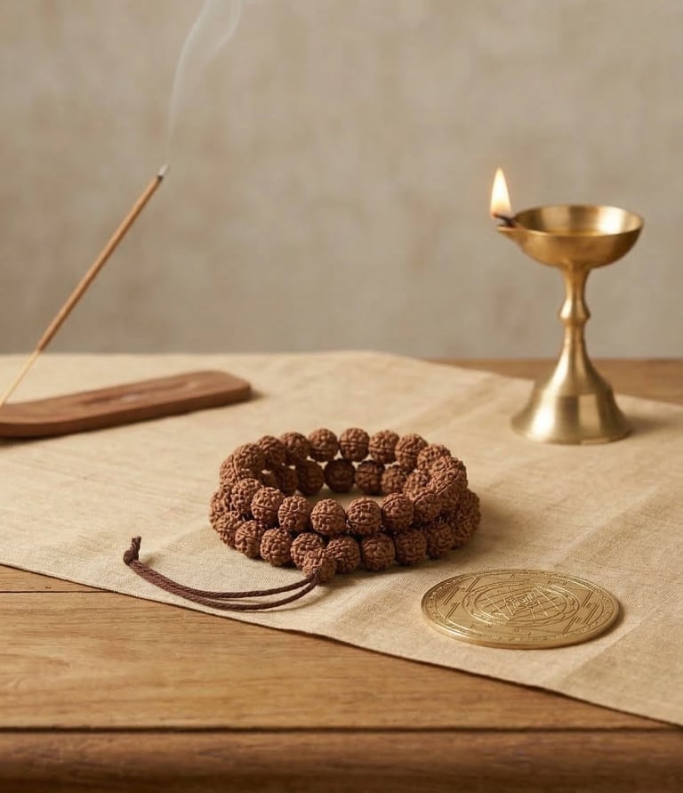 Natural Rudraksha prayer beads and a golden Yantra coin on a wooden table, featuring soft incense smoke and a brass lamp.