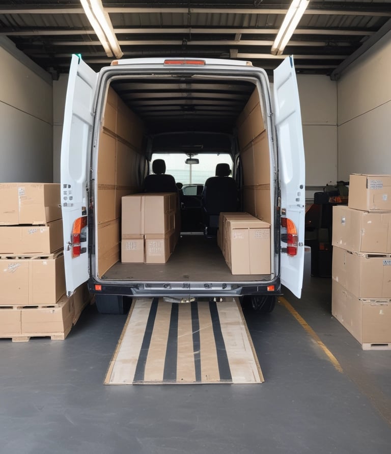 A professional driver carefully securing cargo inside a delivery trailer.