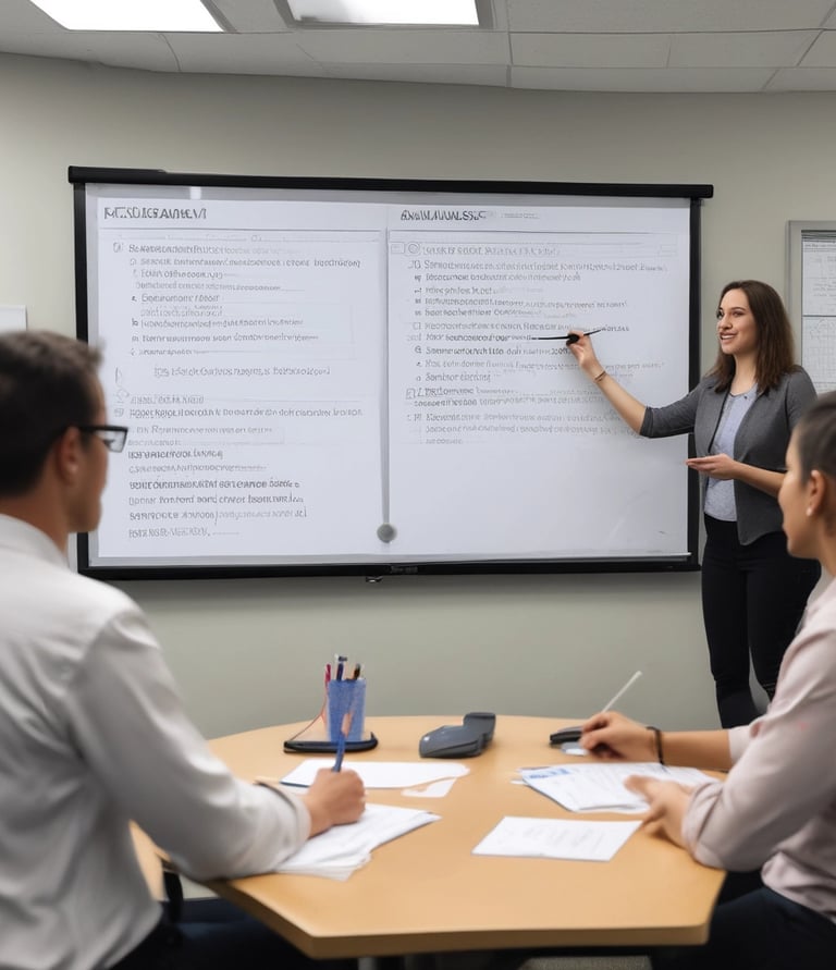 A consultant discussing strategies with a Libyan business team around a conference table.