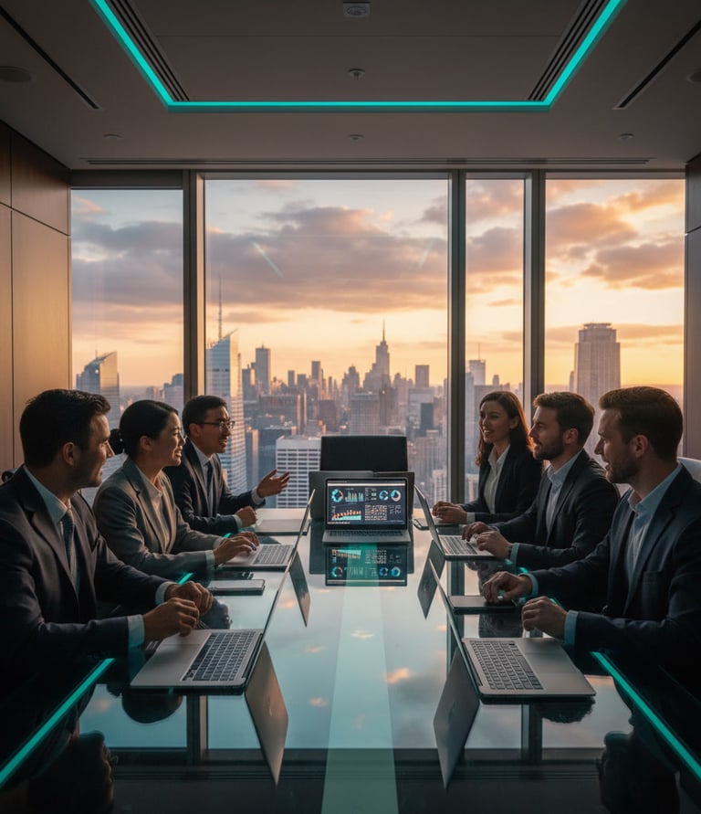 Small team collaborating around a table. What does NeuroBling AI help you do? It helps you get found