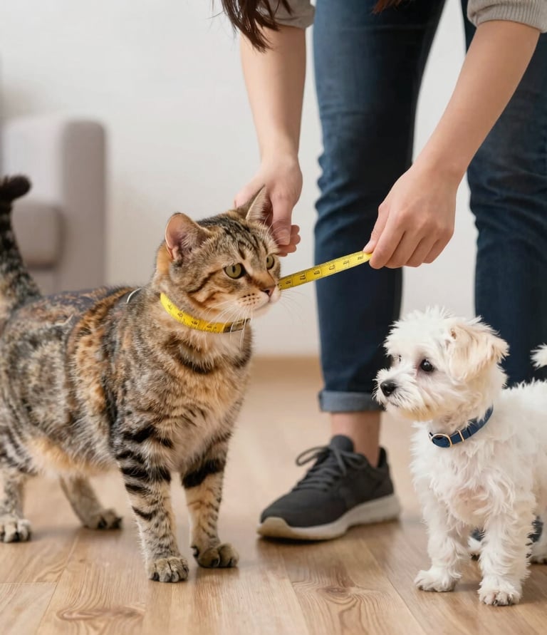 señora tomando medidas para ropa a un gato y perro