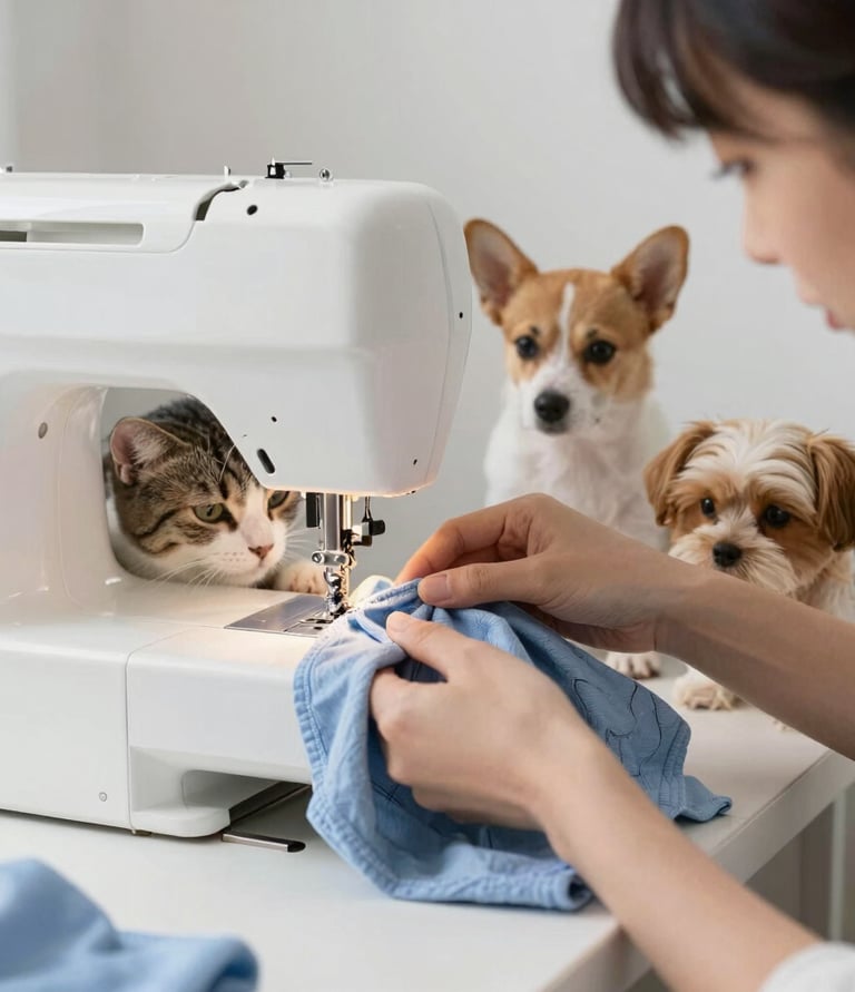 señora confeccionando ropa para gatos y perros