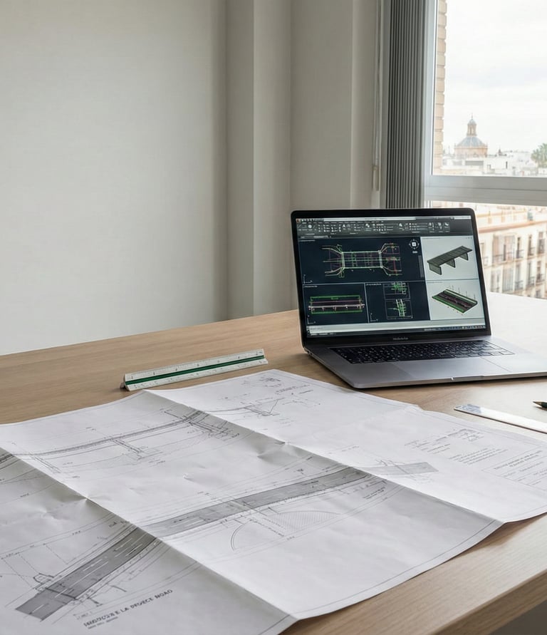 Ingeniero revisando planos técnicos en mesa de trabajo en oficina de ingeniería y obra civil en Sevilla.