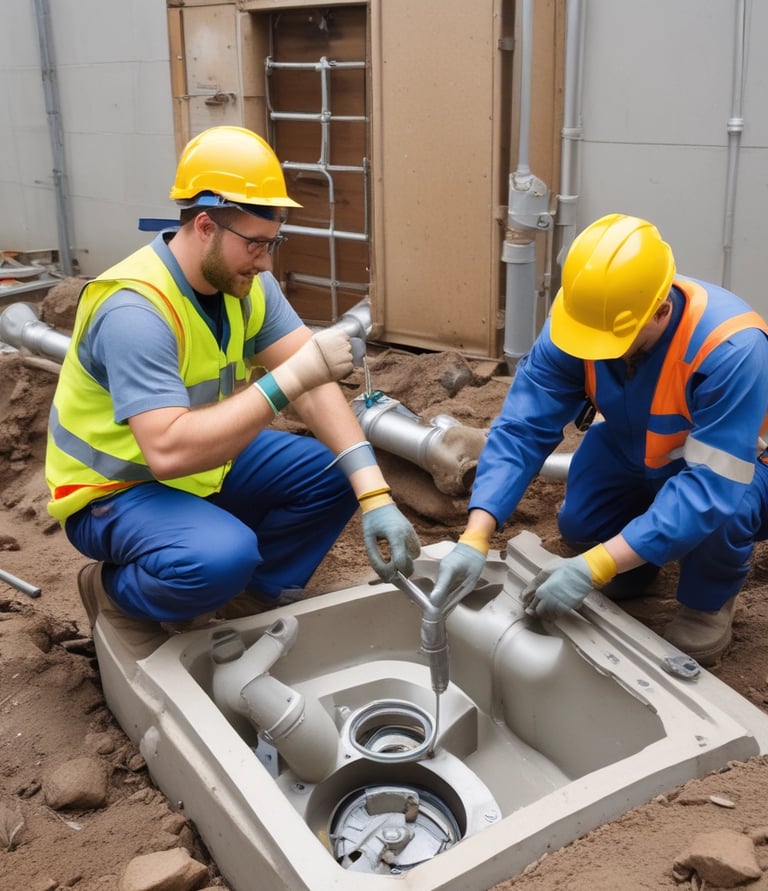 Team of skilled workers installing sanitary pipes in a modern building.