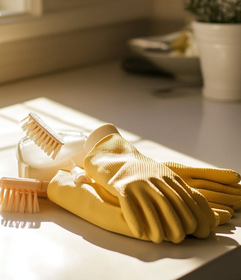 Produits et accessoires de nettoyage utilisés pour une prestation de ménage à domicile