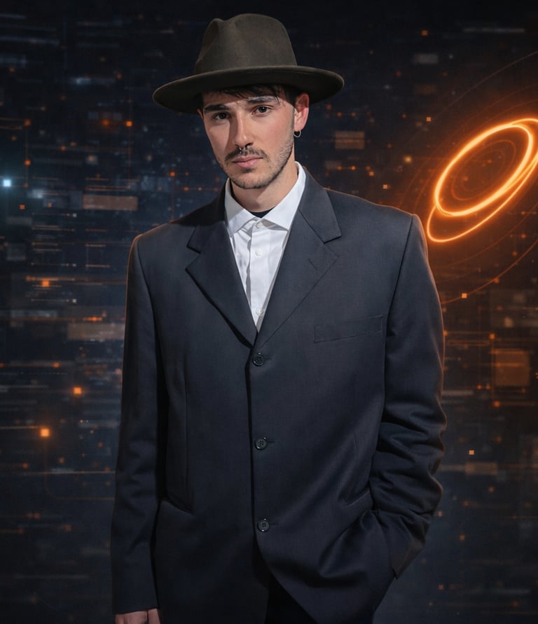 A man in a dark suit and fedora hat against a futuristic digital background with neon orange light rings.