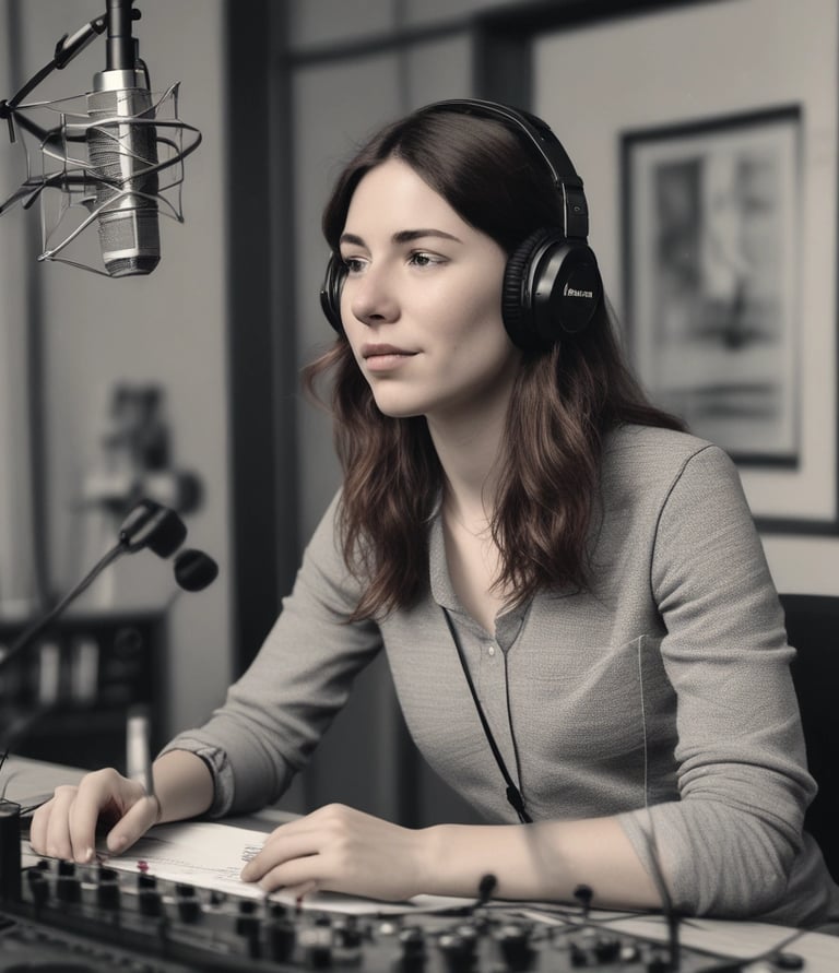 A smiling person recording a video for business promotion in a bright, minimal studio.