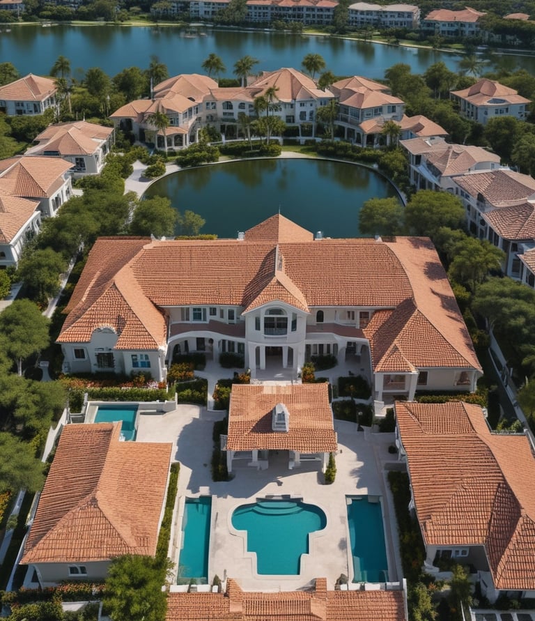 A panoramic view of a large commercial building with a freshly completed waterproof roof set against a calm ocean backdrop.