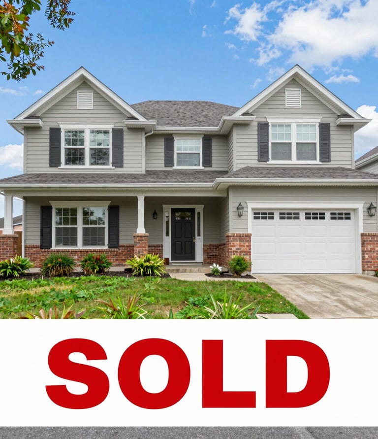 Two-story gray suburban house with red brick accents and a large red SOLD sign overlay.