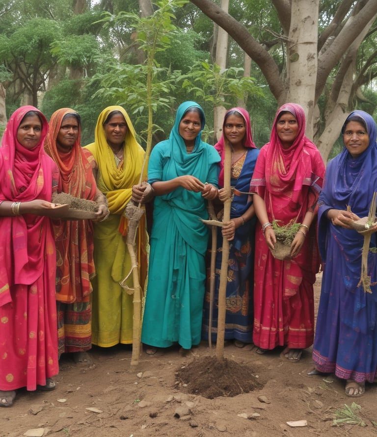 Volunteers planting trees in a rural area near Himatnagar as part of a sustainable development project.