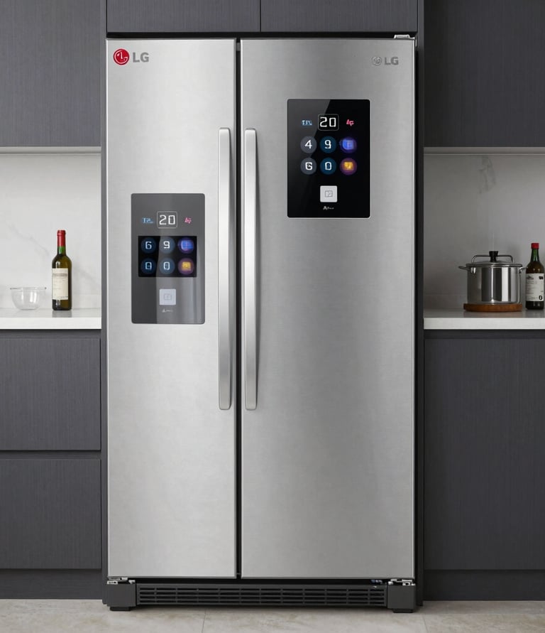 Happy family watching TV together while a technician services various LG appliances.