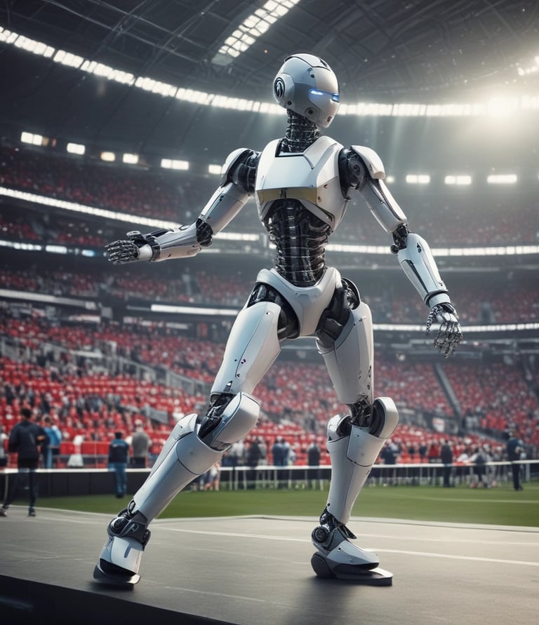 A sleek robot in a business suit doing a playful dance with a glowing backdrop.