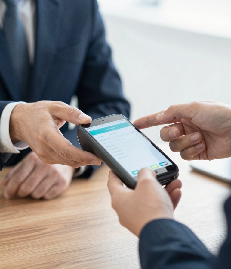 Close-up of hands exchanging a payment receipt with a business consultant.