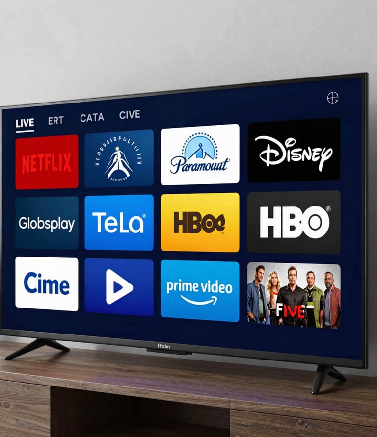 Todos os streamings em uma tela de tv bem grande , imagem cinematográfica