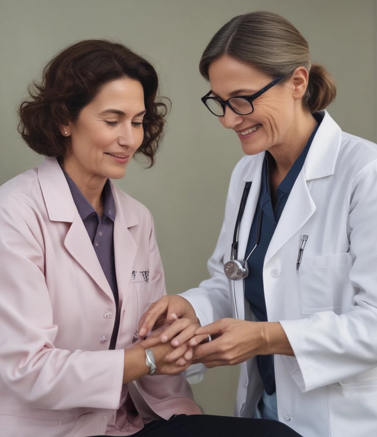 Close-up of a healthcare professional smiling while assisting a patient.