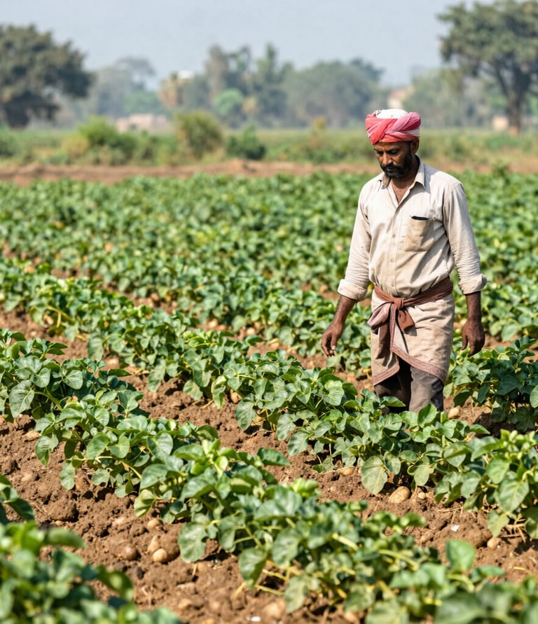 A close-up aerial view of perfectly spaced potato beds glowing in morning light.