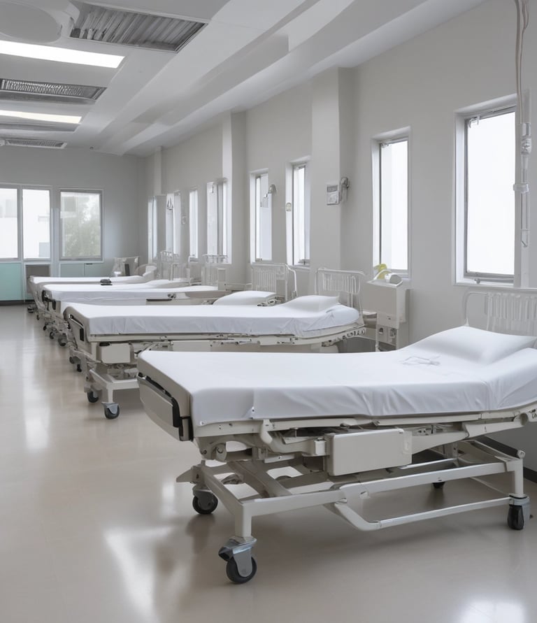 Rows of finished office desks and school chairs neatly arranged in a spacious factory.